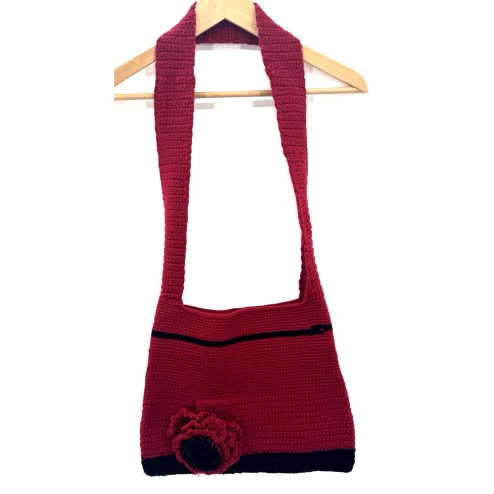 Handmade Womens Crossbody Burgundy Crochet Knit Hobo Bag 3D Rose Coquette Boho